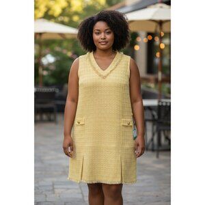 MING WANG Women Tweed Fringe Trim Drop Waist Shift Dress In Pale Marigold/limest